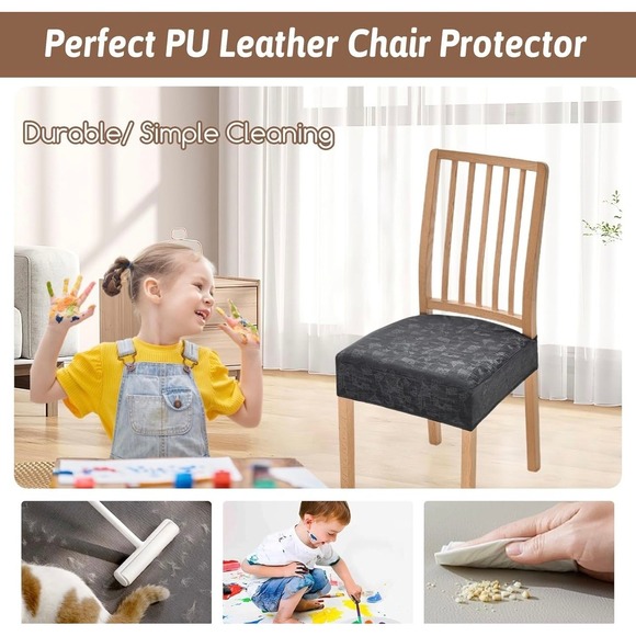 Set of 4 Black Diamond Pattern PU Leather Chair Seat Slipcovers - Picture 6 of 7